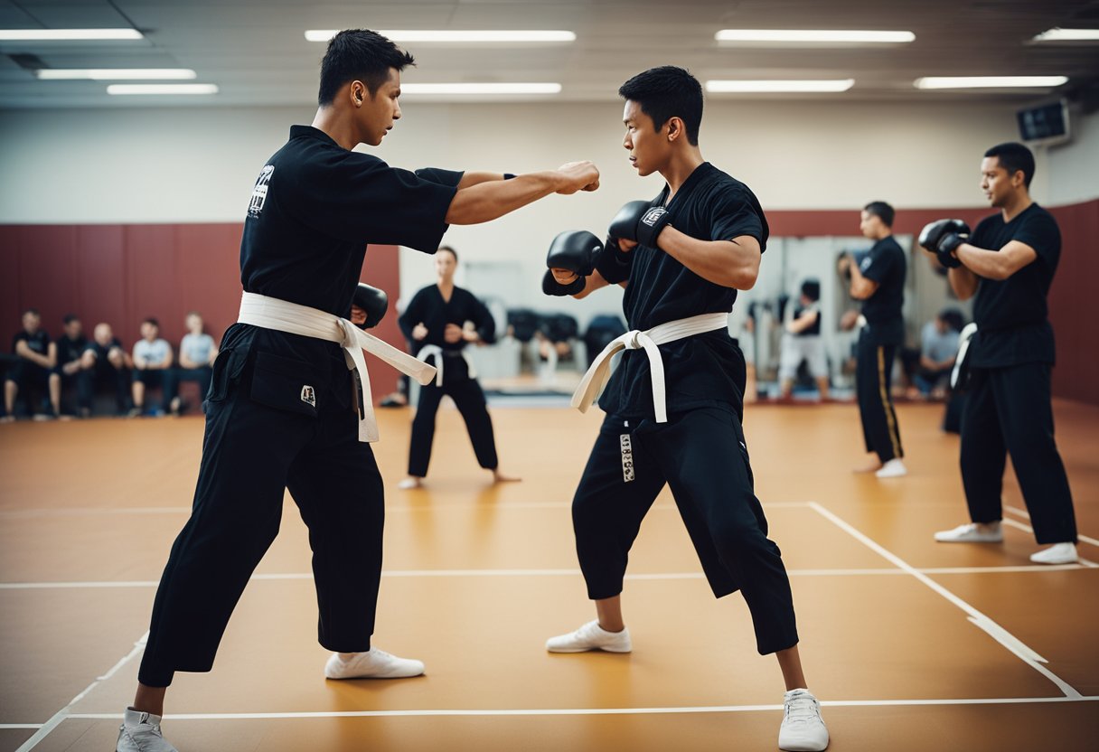 A martial arts instructor demonstrates Krav Maga techniques in a gym setting, with students practicing defensive moves and training exercises