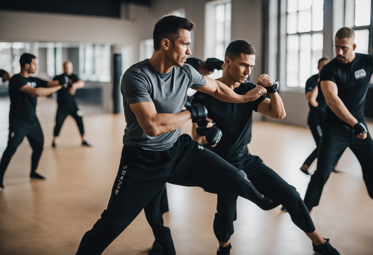 A group of Krav Maga practitioners and instructors demonstrating various self-defense techniques in a training studio