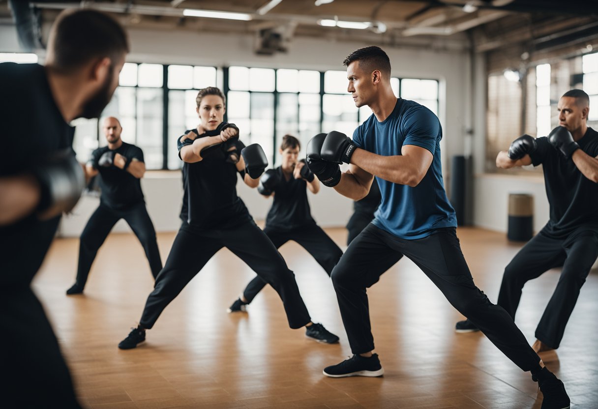 A group of people practicing Krav Maga techniques in a gym, demonstrating self-defense moves and martial arts skills