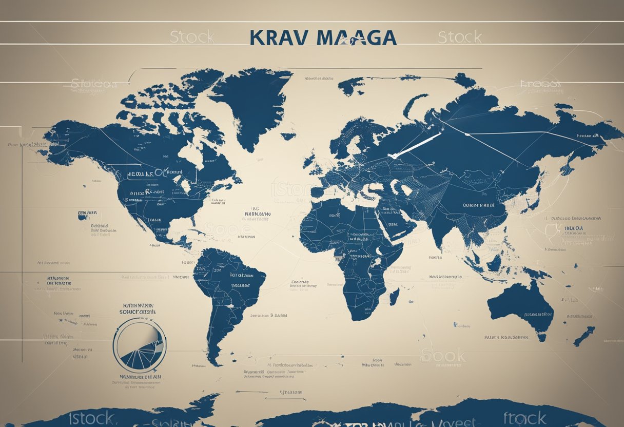 A world map with lines spreading from Israel, showing the global reach and evolution of Krav Maga