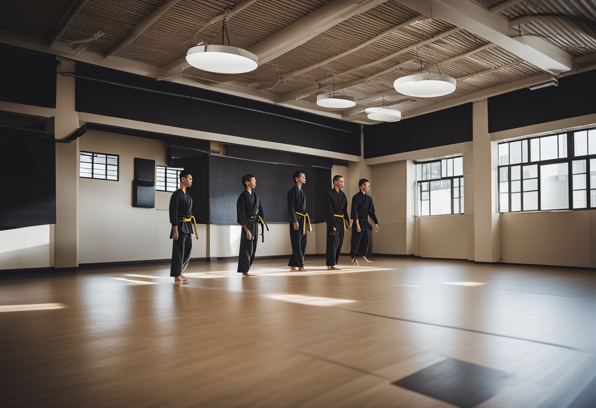 A martial arts dojo with Krav Maga principles displayed on the walls, emphasizing practicality and efficiency