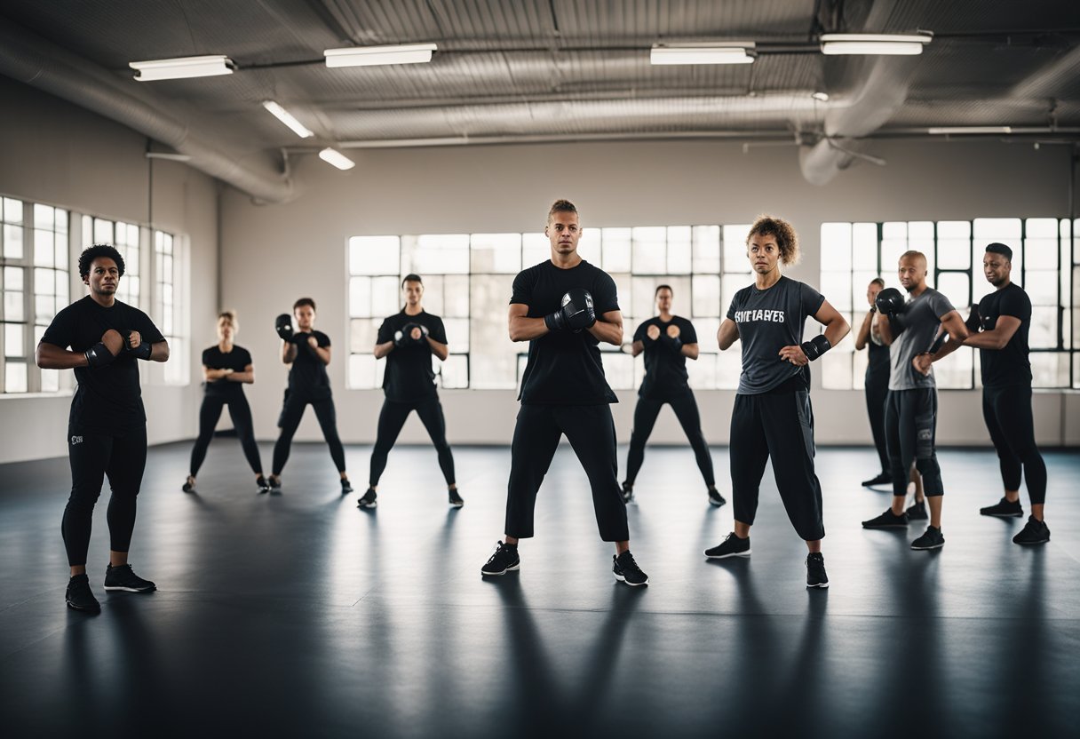 A diverse group practices Krav Maga in a spacious gym, showing different populations engaging in the martial art