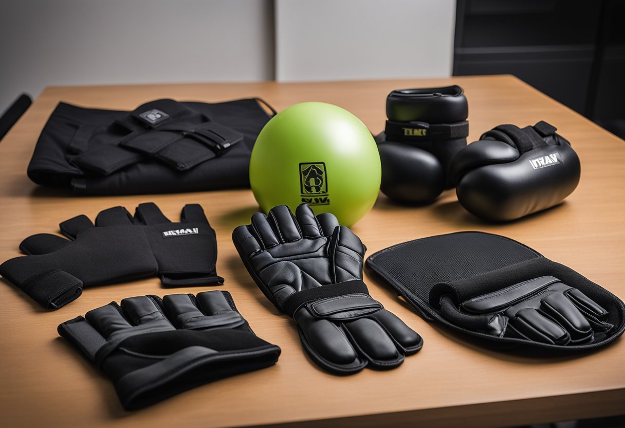 A table displaying various Krav Maga gear and equipment, including protective pads, gloves, and training weapons