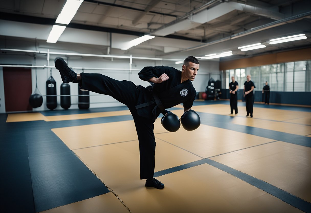 A Krav Maga practitioner executing a swift kick, with intense focus and determination. The scene is set in a dimly lit training facility, with the practitioner wearing a black uniform and surrounded by various training equipment